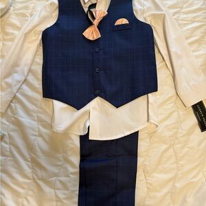 Andree Navy Checkered Boy’s Vest Set with Peach Accents